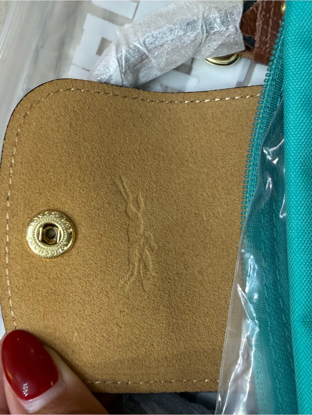 SMALL Longchamp Turquoise Nylon Tote with Brown Leather Trim - Picture 3 of 8